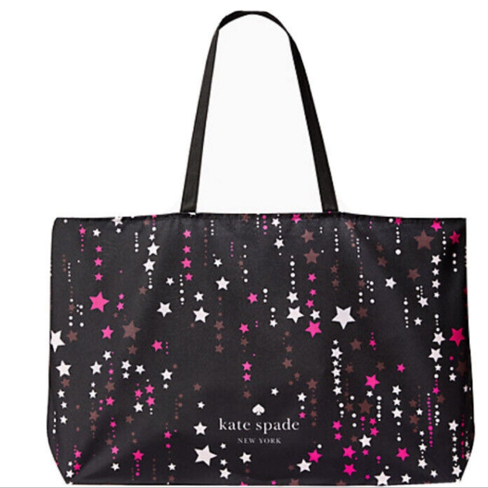 NEW AUTH. KATE SPADE BLACK PINK FUCHSIA STARS CANVAS TRAVEL FOLDABLE TOTE